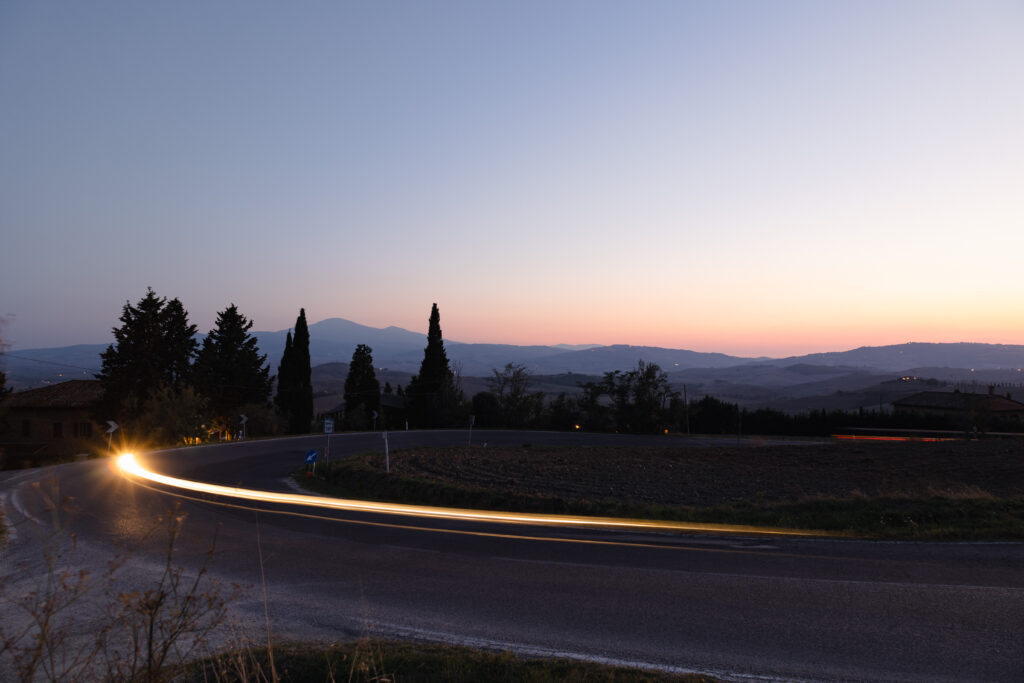 Tuscany light trail by car at night